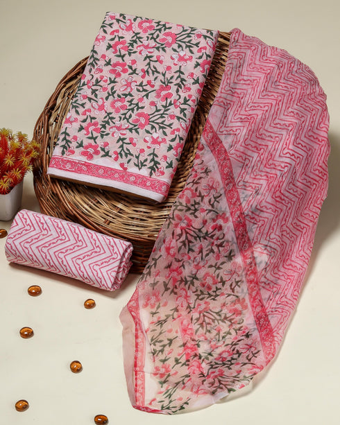 Elegant Hand Block Print Cotton Suit Set with Chiffon Dupatta (PCHF03)